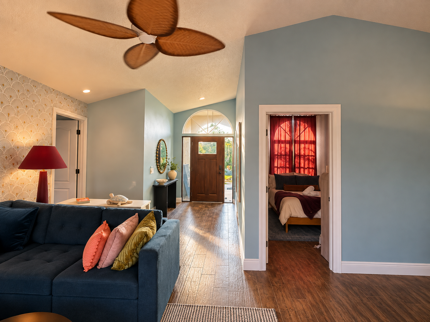 Bright coastal living room and entryway at Dream Come True in Bradenton, Florida