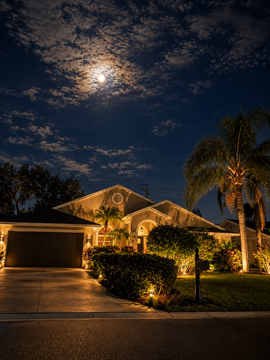 Moonlit tropical suburban home with palm trees and a driveway at Dream Come True in Bradenton, Florida