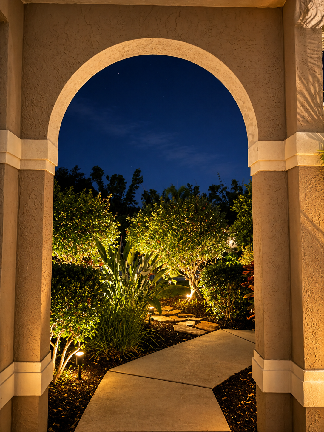 Warmly lit garden archway at night at Dream Come True in Bradenton, Florida