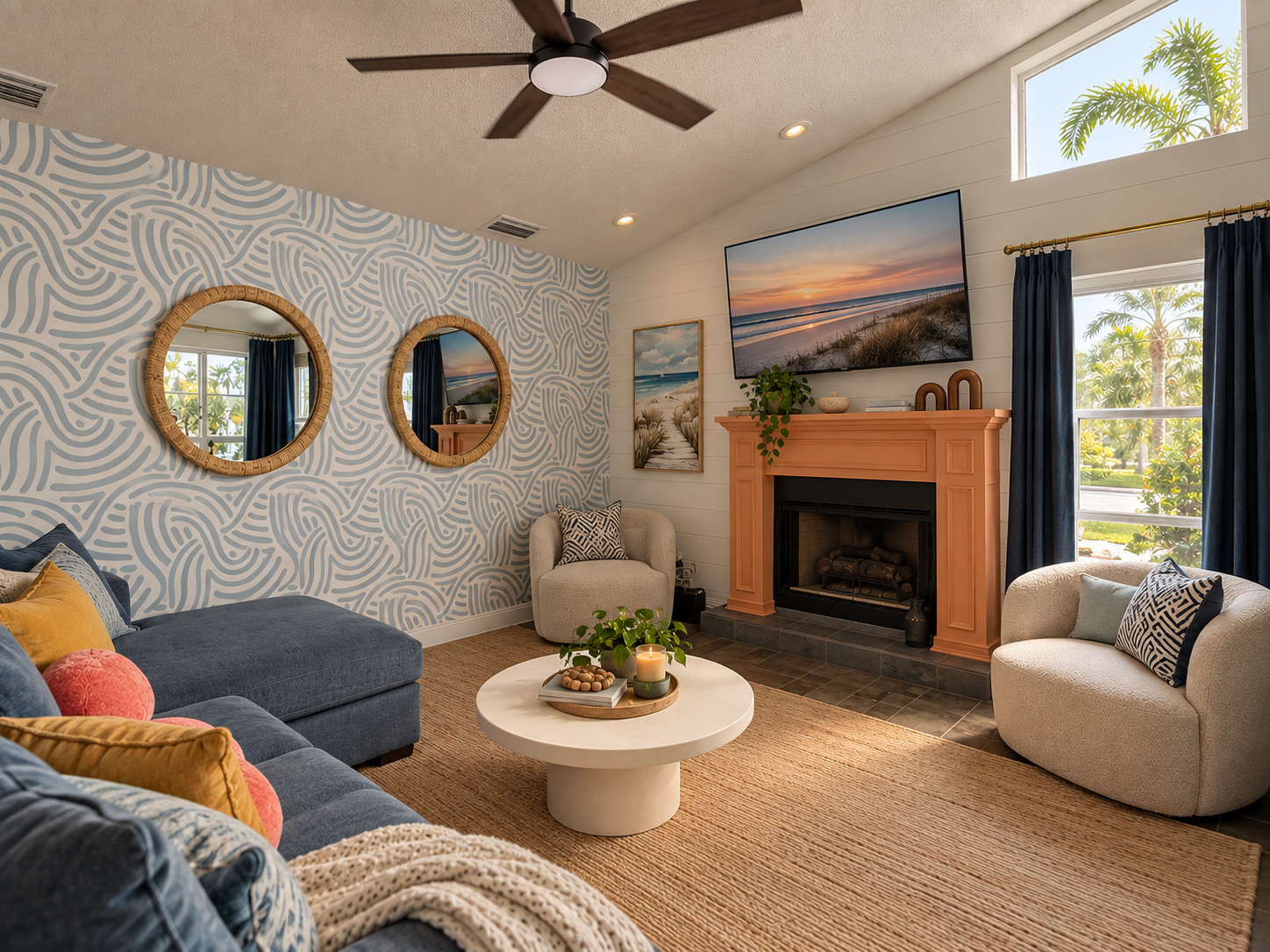 Bright coastal boho living room retreat at Dream Come True in Bradenton, Florida