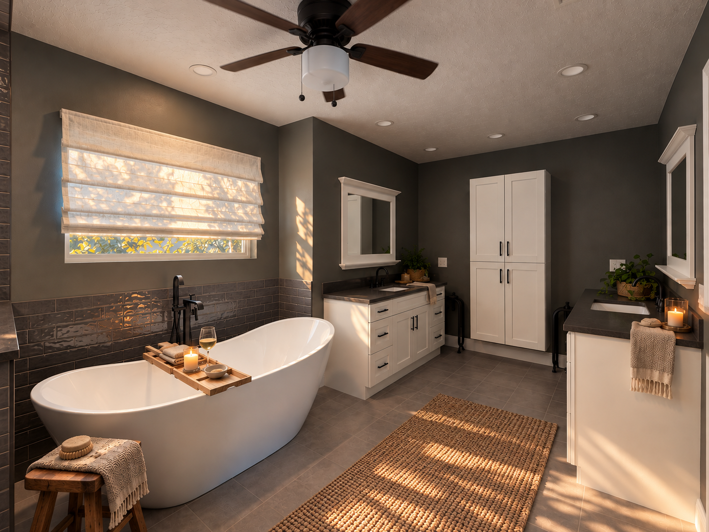 Golden hour modern spa bathroom at Dream Come True in Bradenton, Florida