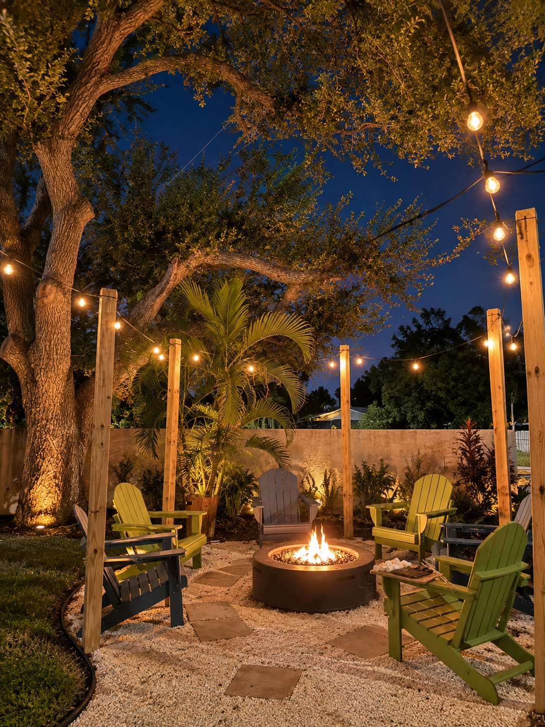 Twilight fire pit with lively flames ringed by lime-green and charcoal Adirondack chairs beneath Edison string lights on wooden posts, a mature oak tree lit from below at Dream Come True in Bradenton, Florida