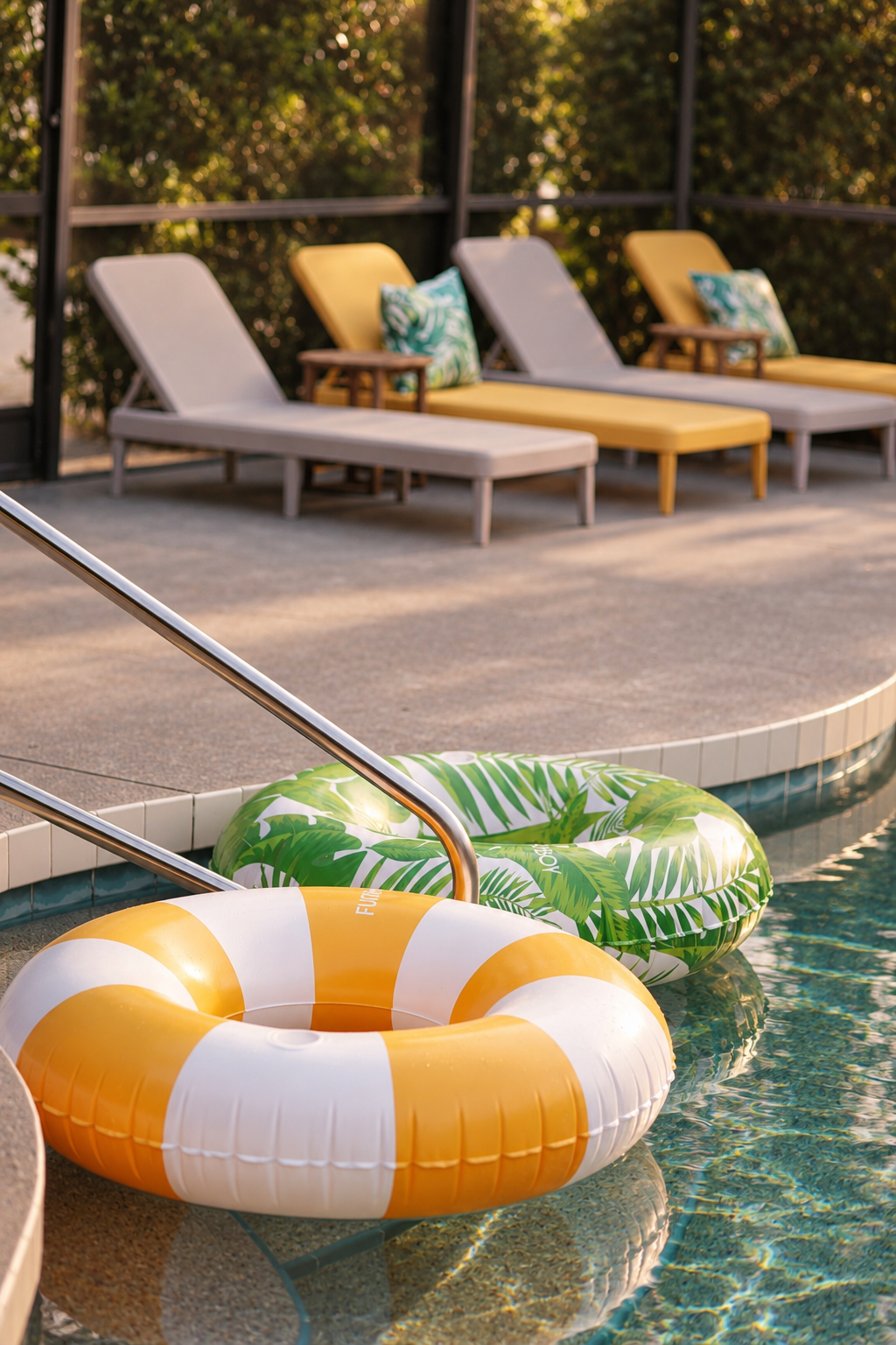 Golden poolside float retreat at Dream Come True in Bradenton, Florida
