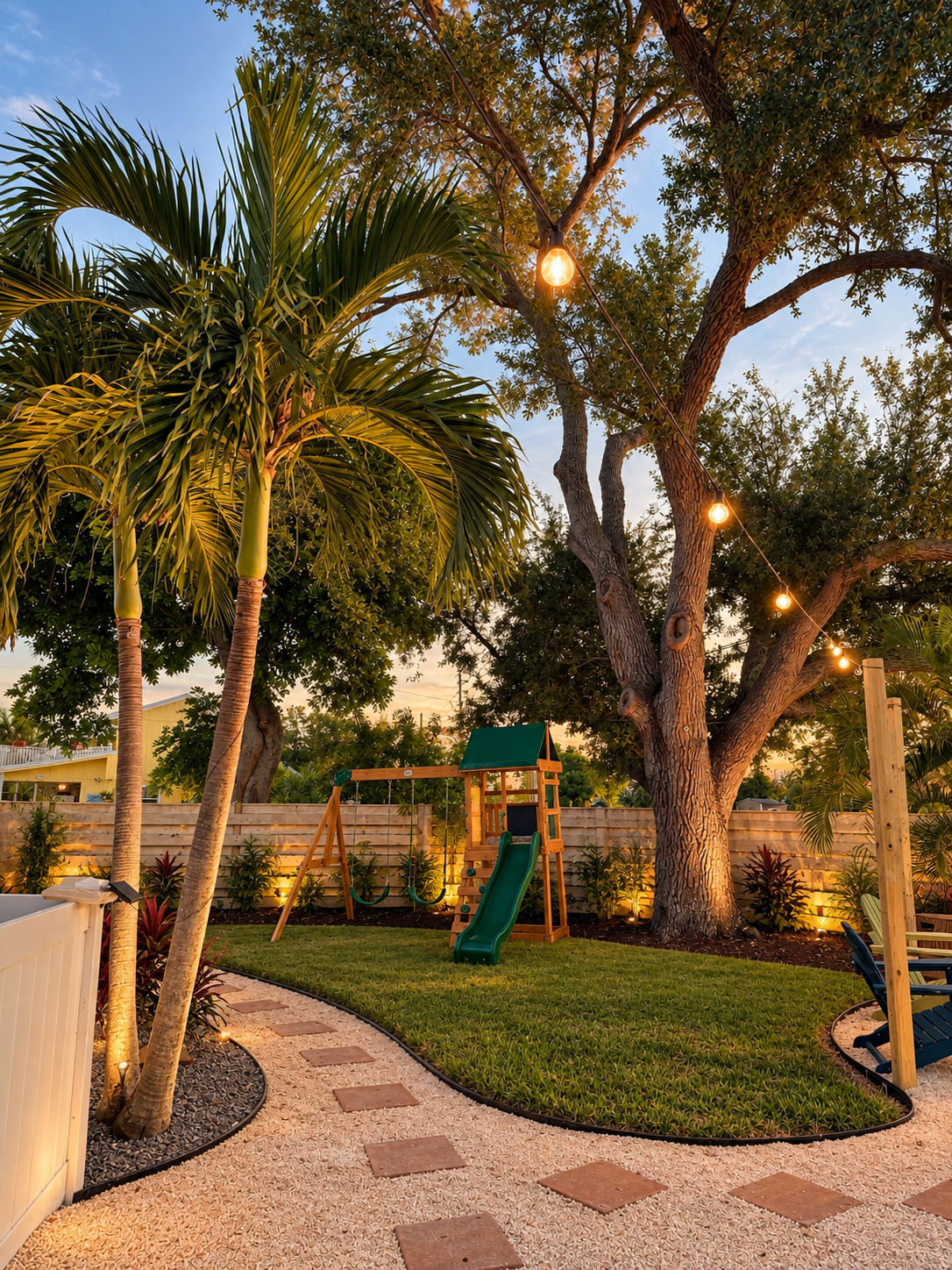 Twilight tropical backyard oasis at Dream Come True in Bradenton, Florida