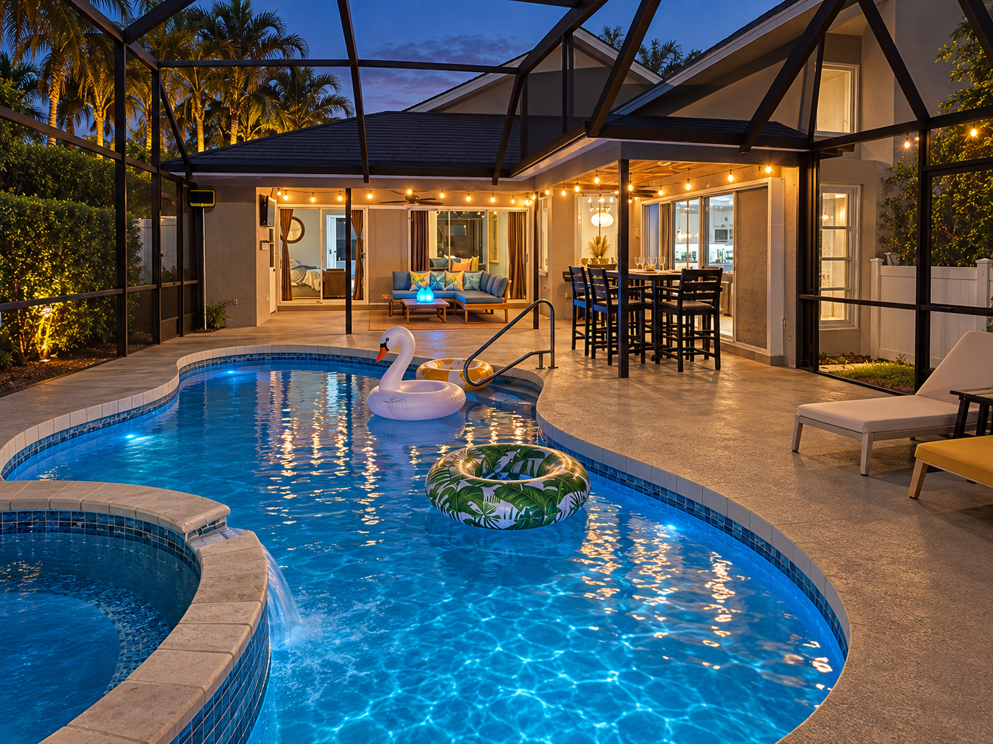 Twilight lanai with glowing pool at Dream Come True in Bradenton, Florida