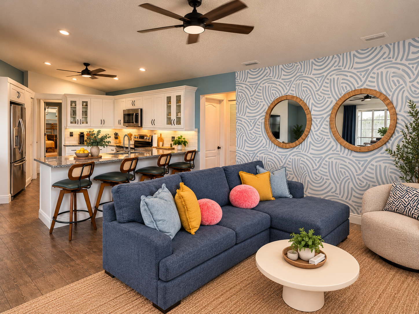 Coastal modern kitchen and living room at Dream Come True in Bradenton, Florida
