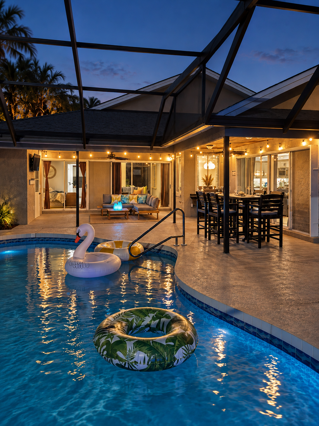 Twilight lanai pool with swan float at Dream Come True in Bradenton, Florida