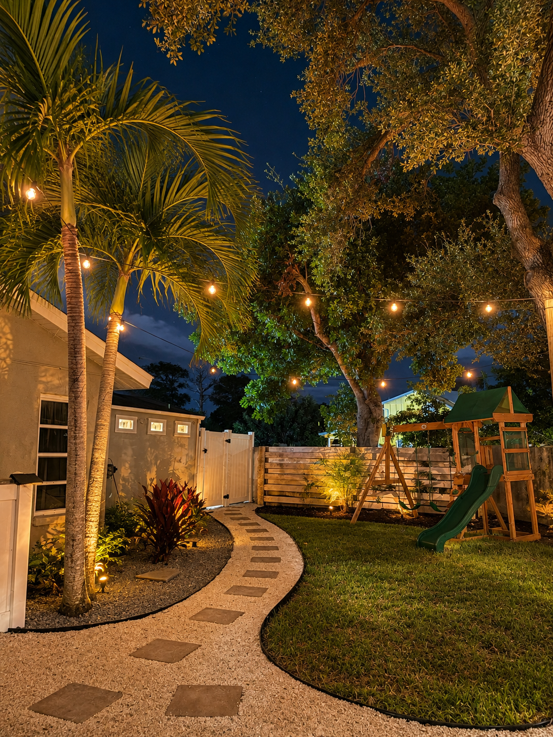 Warm backyard garden at night at Dream Come True in Bradenton, Florida