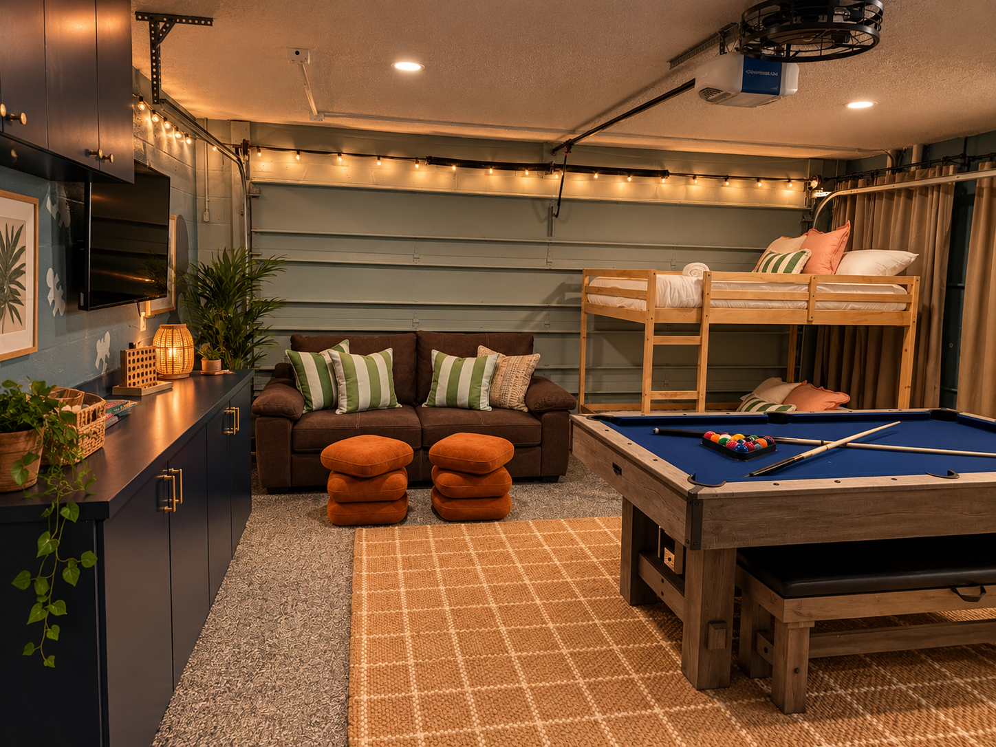Cozy garage game lounge at Dream Come True in Bradenton, Florida