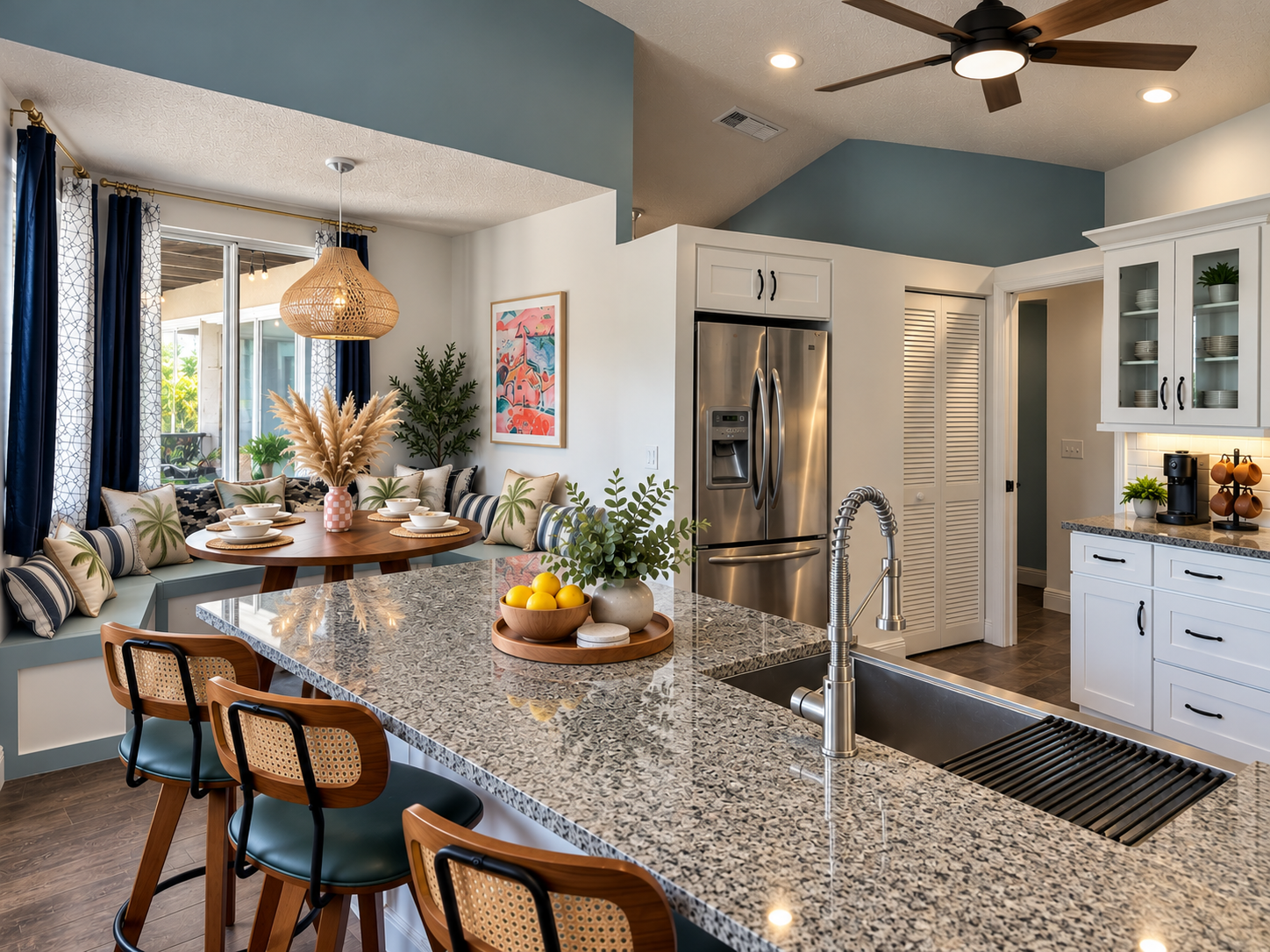 Granite-topped kitchen island with cane-back barstools beside a wrap-around banquette and round wood dining table at Dream Come True in Bradenton, Florida