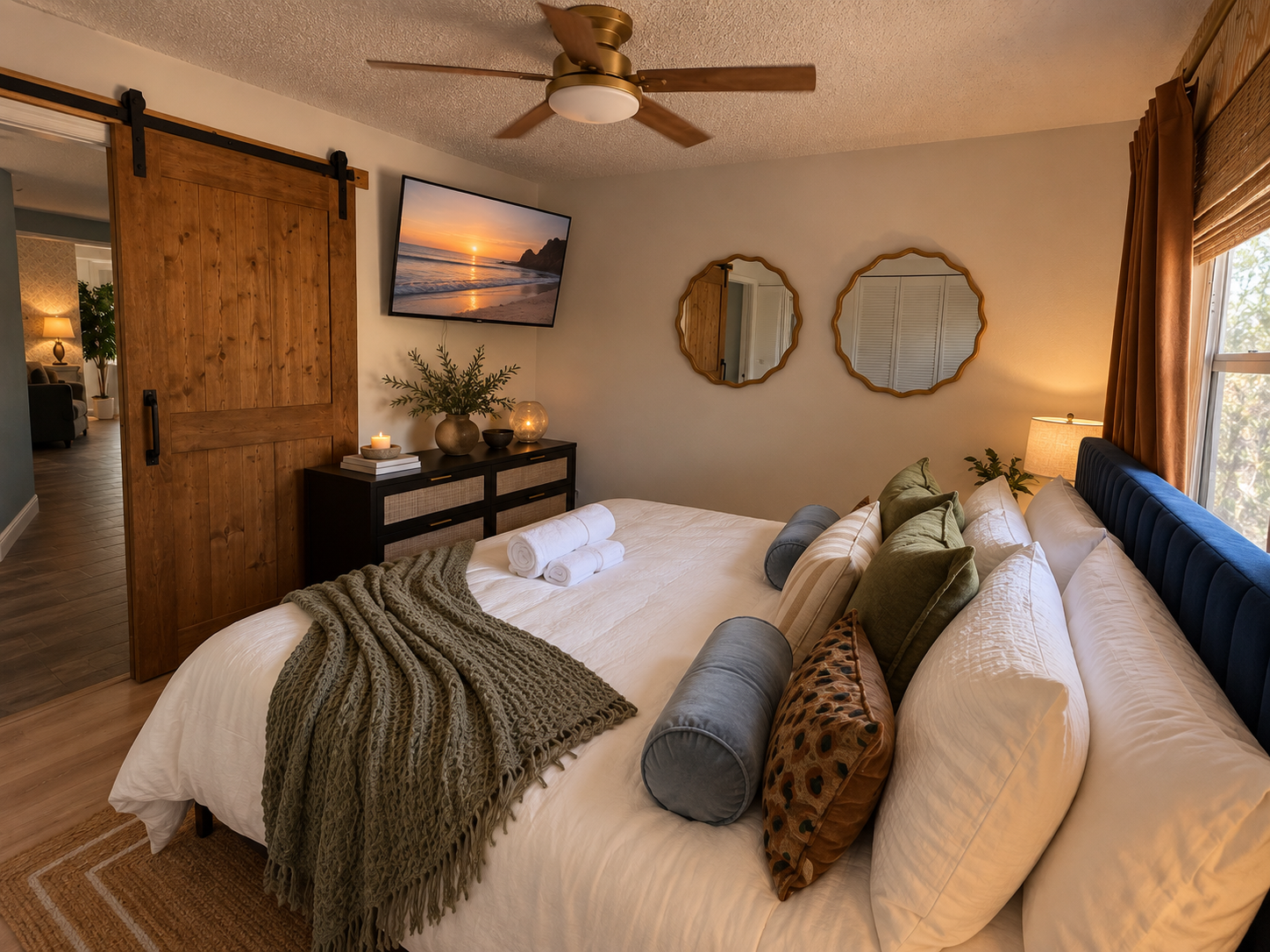 Warm boho bedroom retreat at Dream Come True in Bradenton, Florida