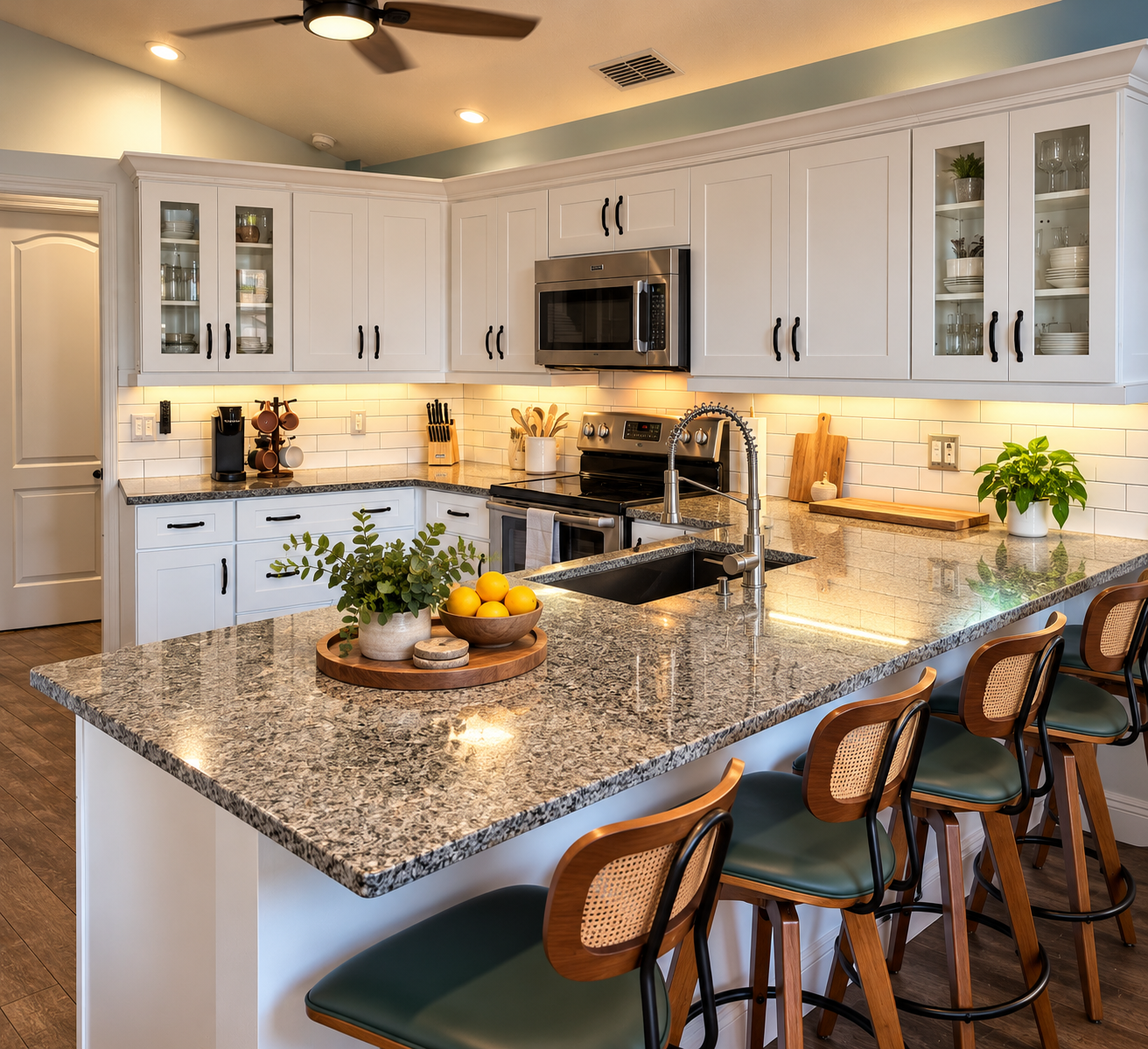 Bright coastal kitchen with lemon accents at Dream Come True in Bradenton, Florida