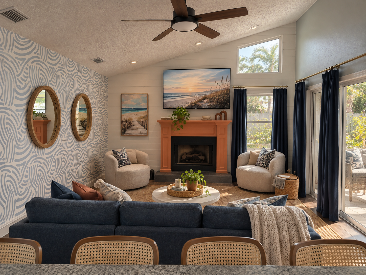 Coastal living room with sunset tv at Dream Come True in Bradenton, Florida