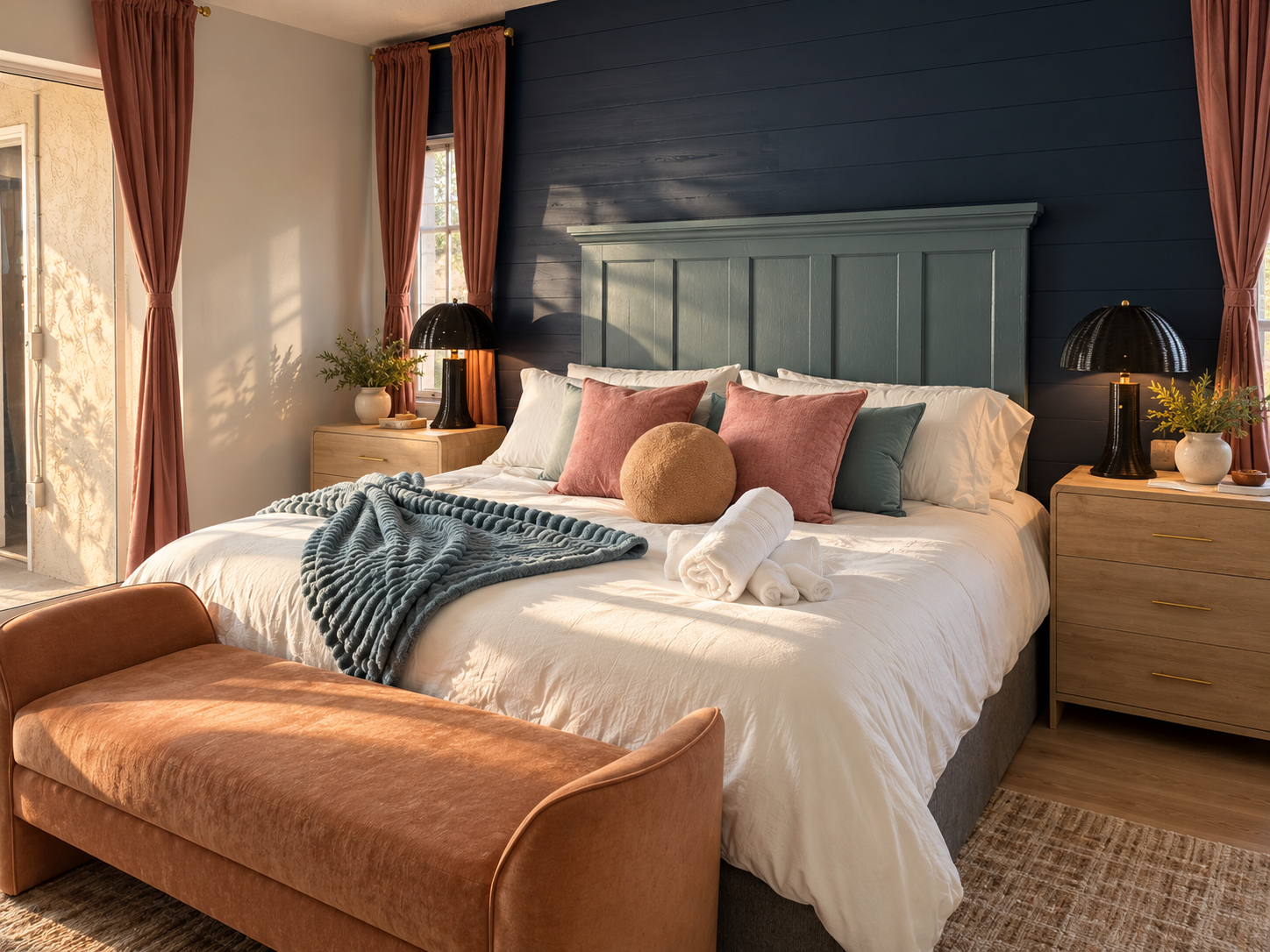 Sunlit moody green bedroom retreat at Dream Come True in Bradenton, Florida
