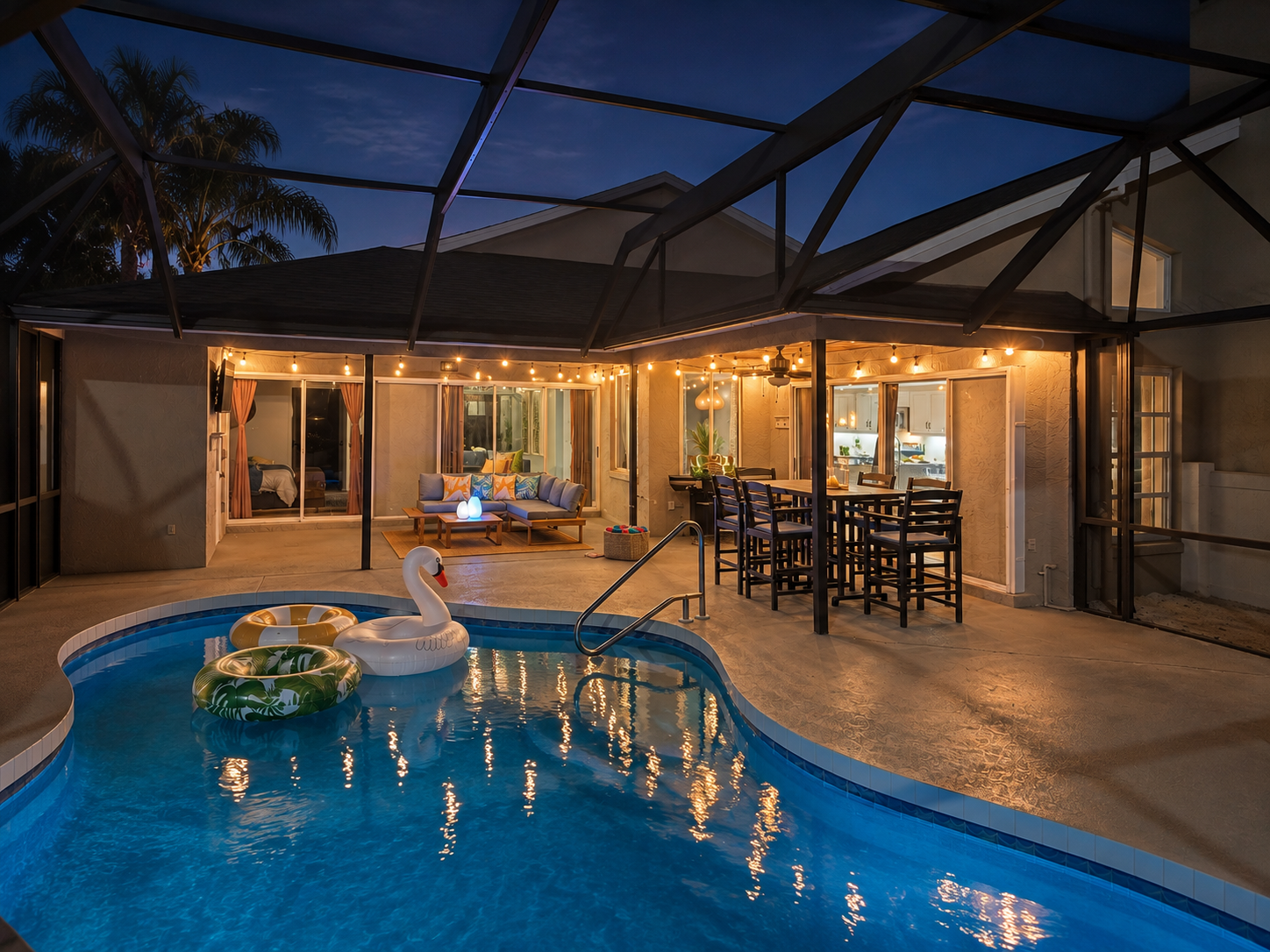 Twilight screened poolside retreat at Dream Come True in Bradenton, Florida