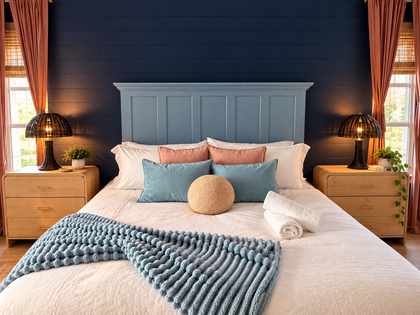 Cozy blue headboard bedroom retreat at Dream Come True in Bradenton, Florida