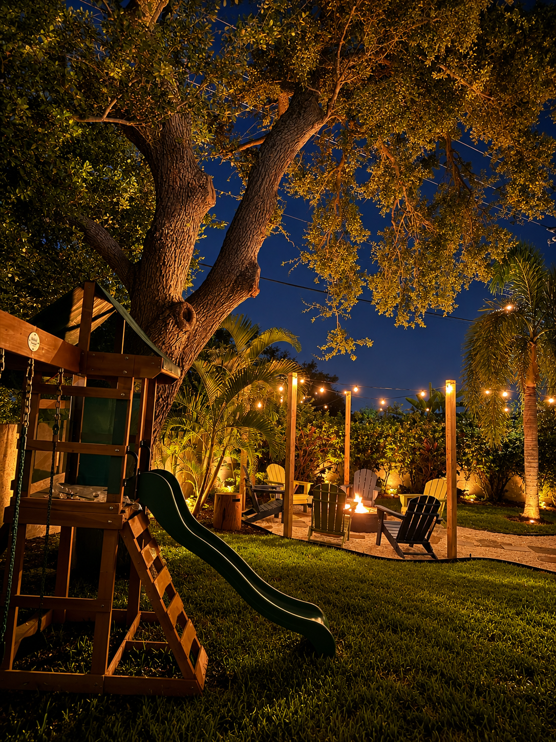 Cozy backyard firelight retreat at Dream Come True in Bradenton, Florida
