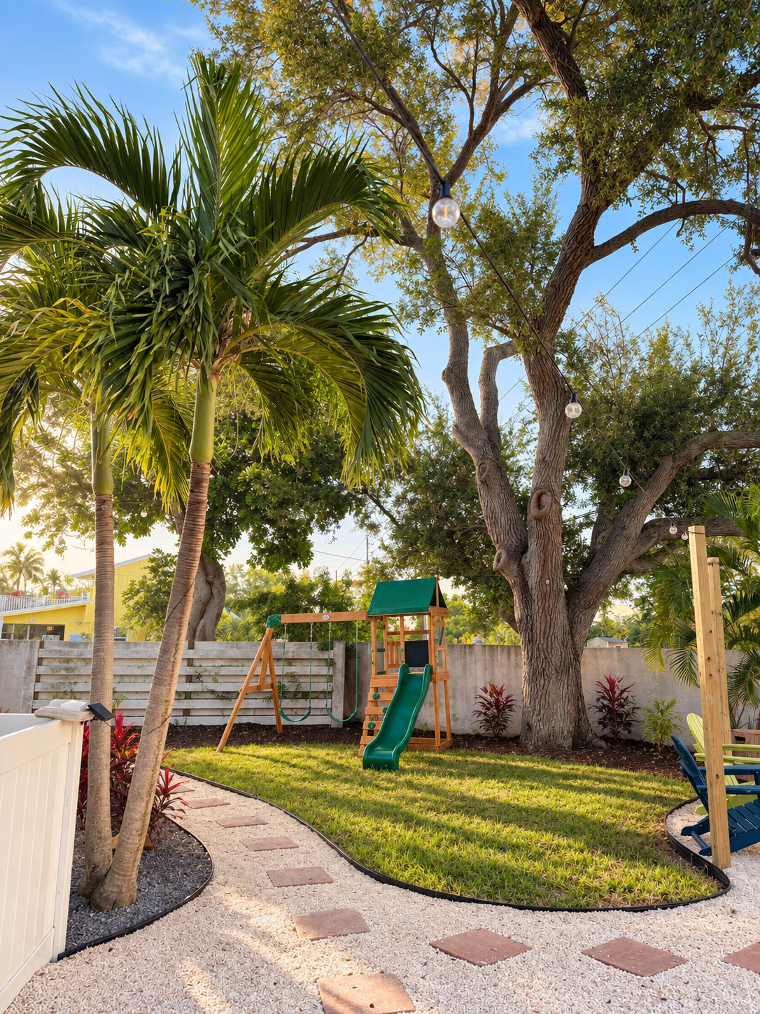 Sunny backyard garden with playset and string lights at Dream Come True in Bradenton, Florida