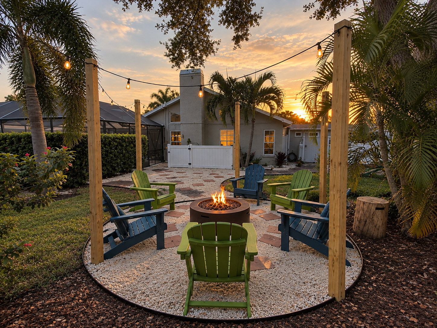 Golden hour backyard firepit lounge at Dream Come True in Bradenton, Florida