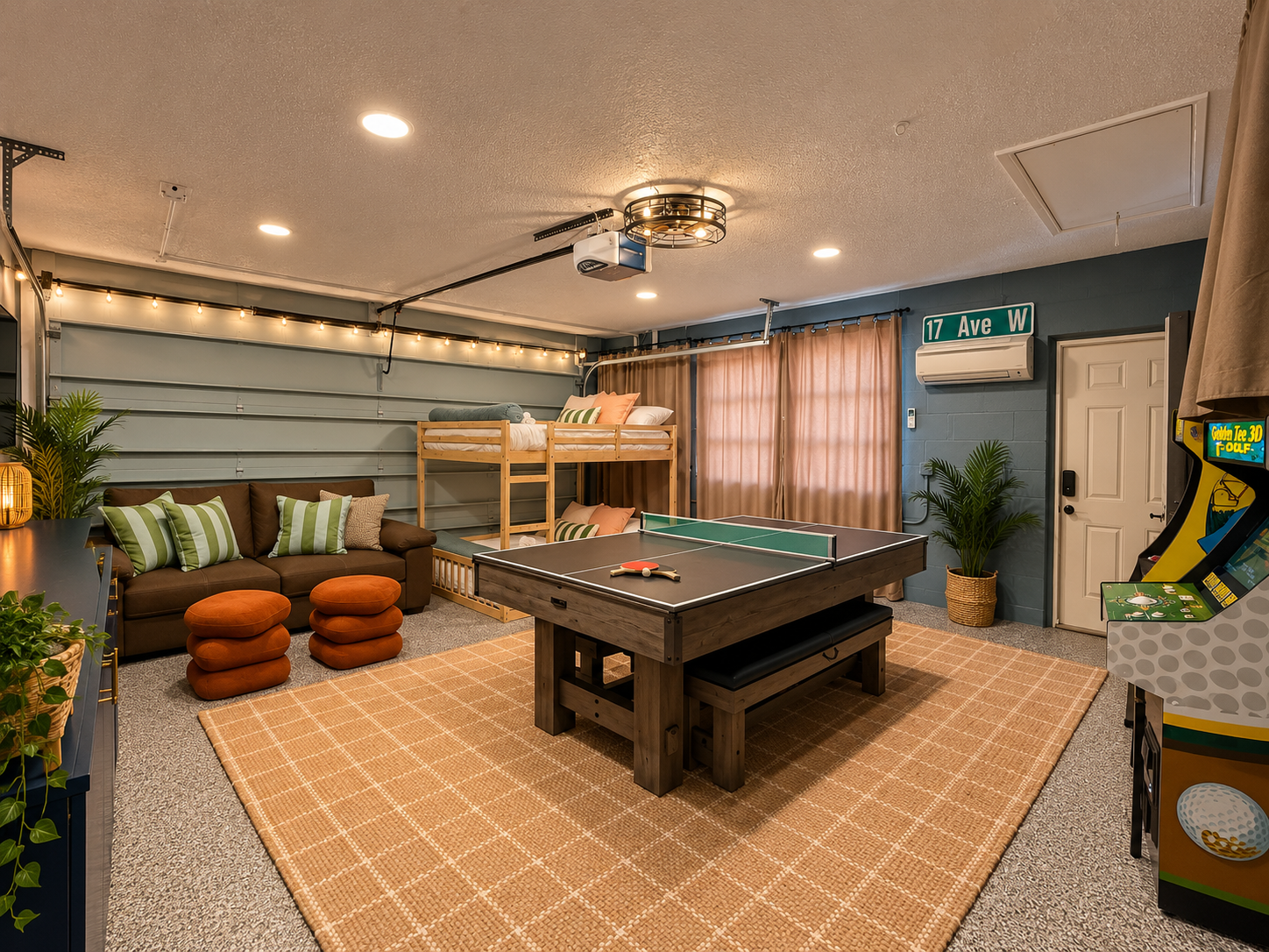 Game room with a ping-pong table, bunk beds, brown sofa and a Golden Tee arcade cabinet at Dream Come True in Bradenton, Florida