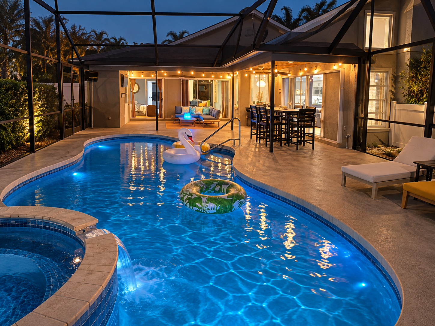 Twilight luxury lanai pool retreat at Dream Come True in Bradenton, Florida