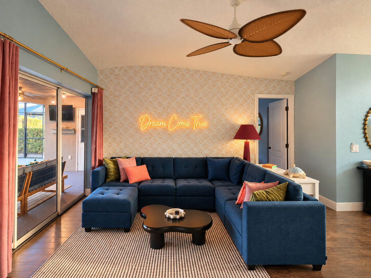 Warm modern living room glow at Dream Come True in Bradenton, Florida