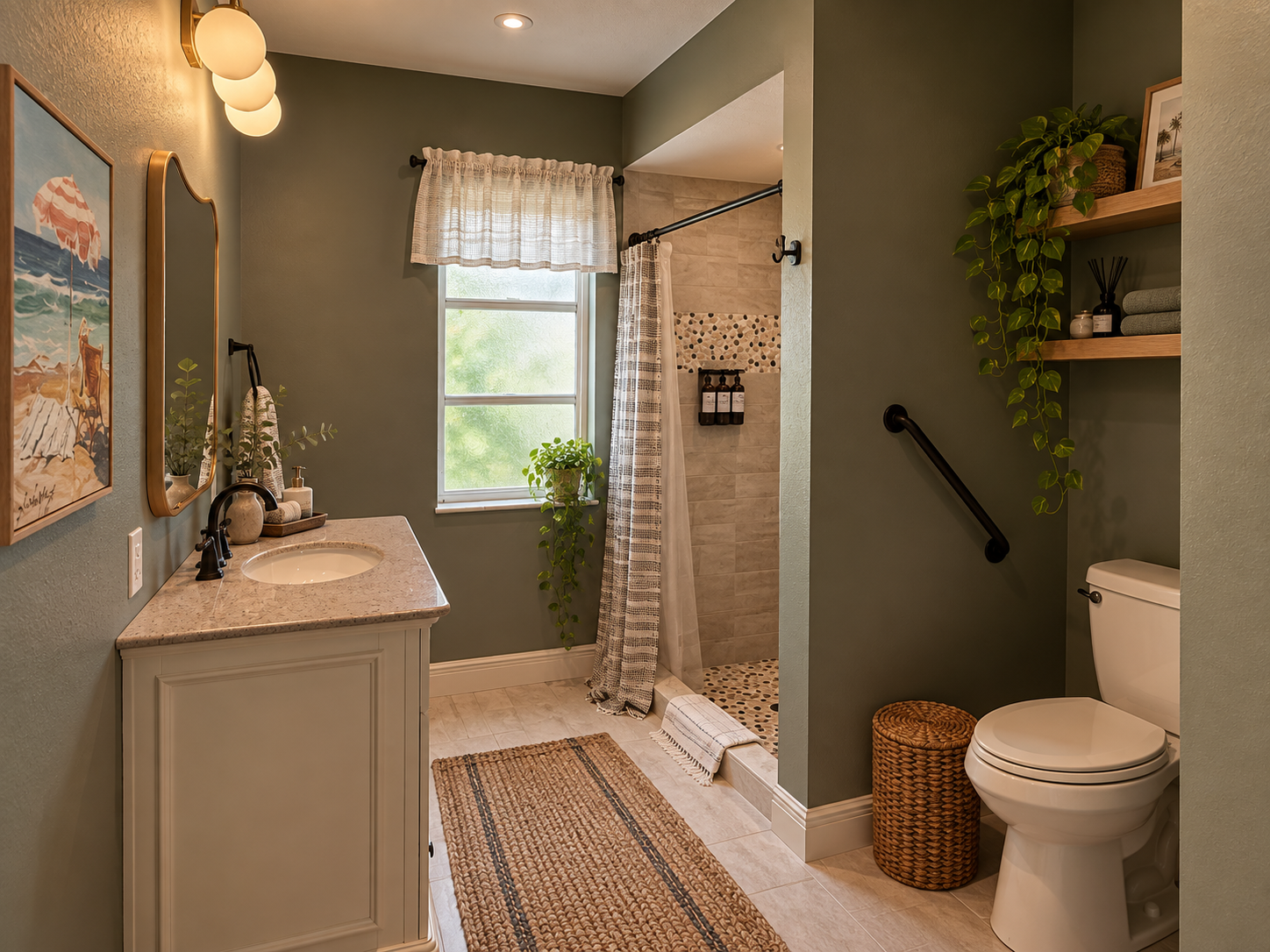 Warm olive coastal bathroom retreat at Dream Come True in Bradenton, Florida