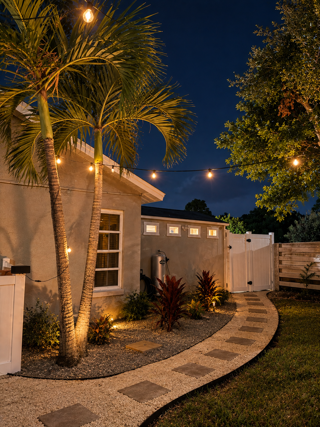 Tropical backyard pathway at night at Dream Come True in Bradenton, Florida