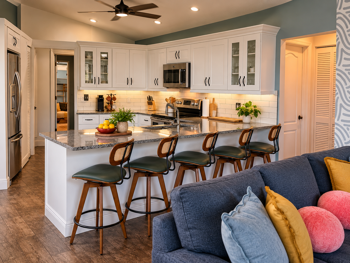 Modern farmhouse kitchen with cozy seating at Dream Come True in Bradenton, Florida