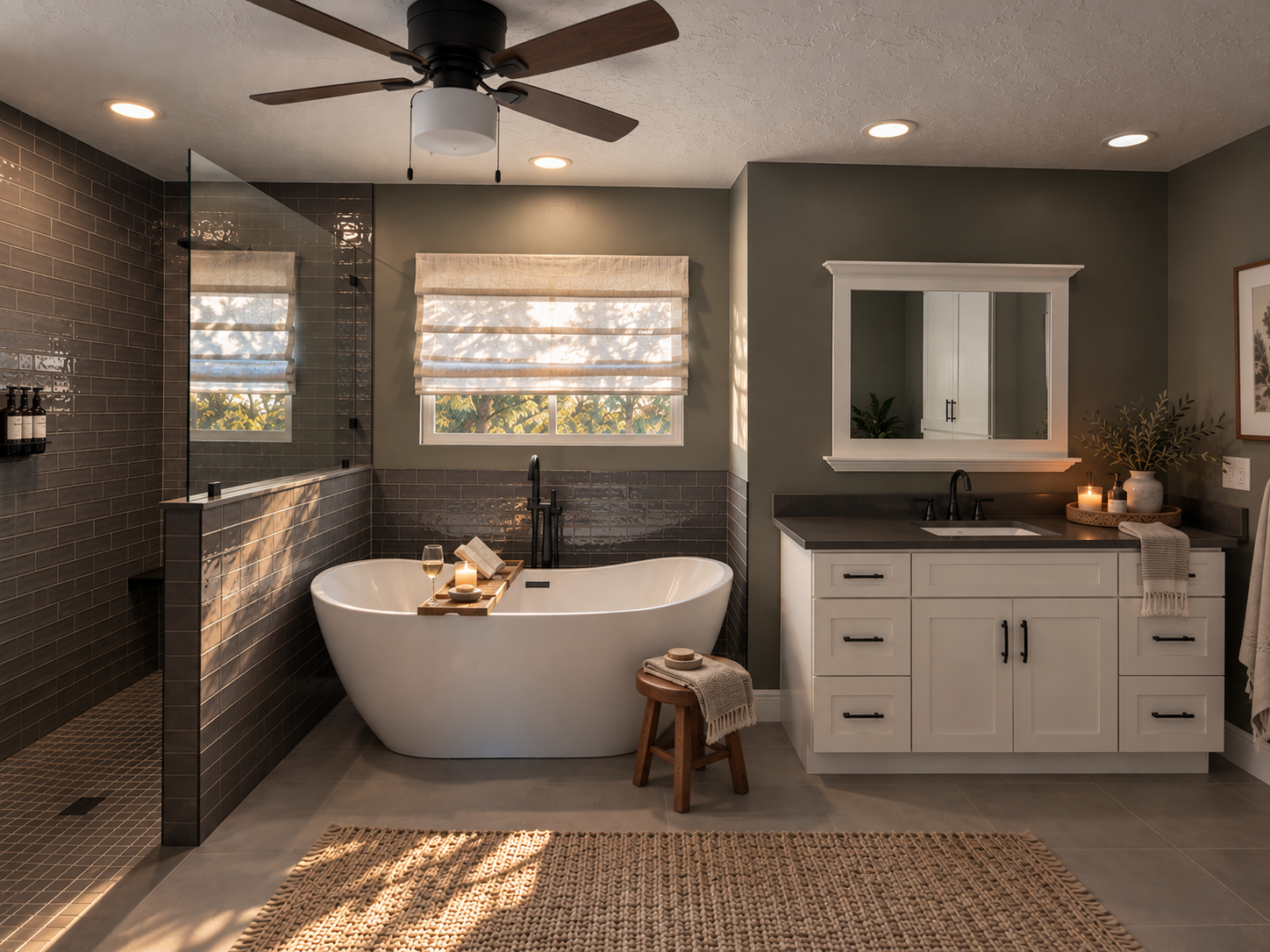 Freestanding soaking tub beneath a window beside a white shaker vanity and dark charcoal subway-tile shower at Dream Come True in Bradenton, Florida