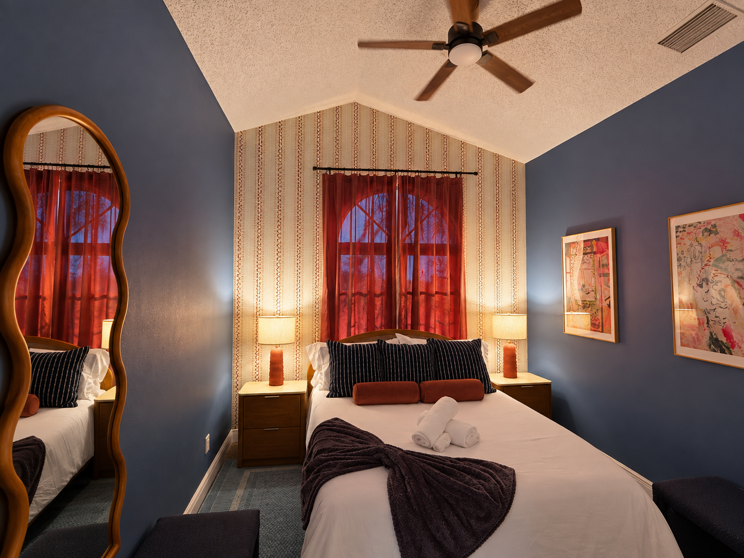 Cozy retro bedroom at dusk at Dream Come True in Bradenton, Florida
