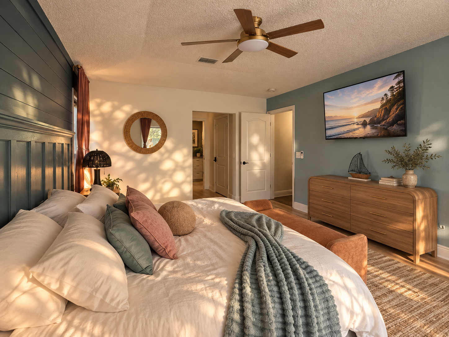 Coastal boho bedroom at golden hour at Dream Come True in Bradenton, Florida