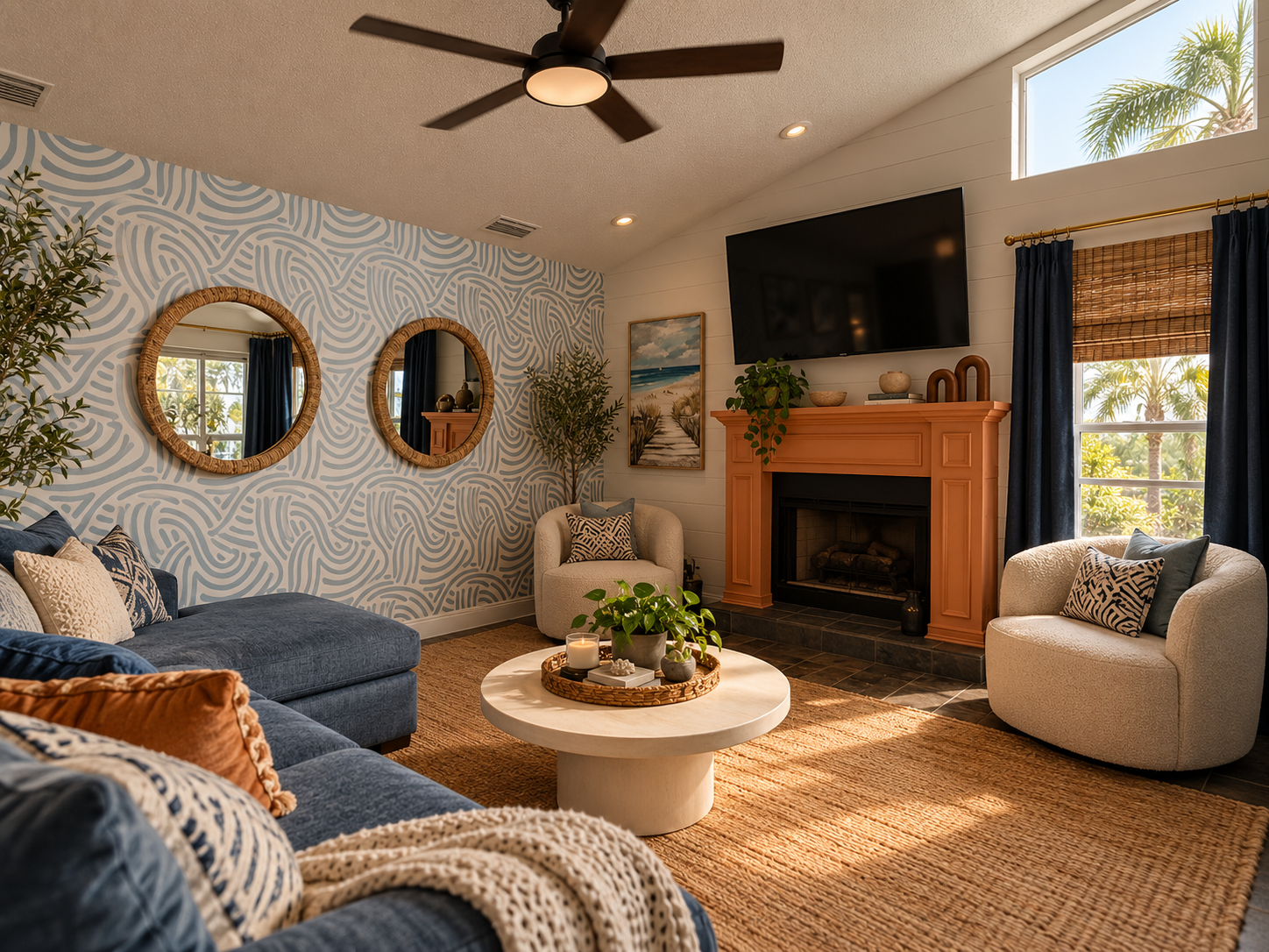 Curated coastal living room retreat at Dream Come True in Bradenton, Florida