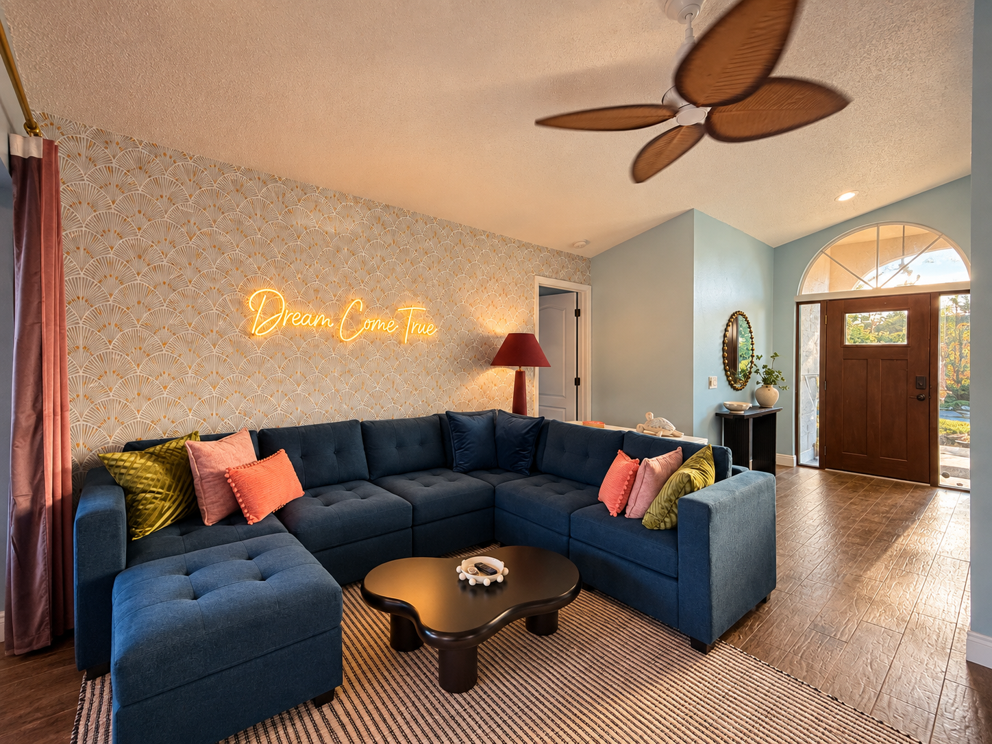 Cozy neon living room entryway at Dream Come True in Bradenton, Florida