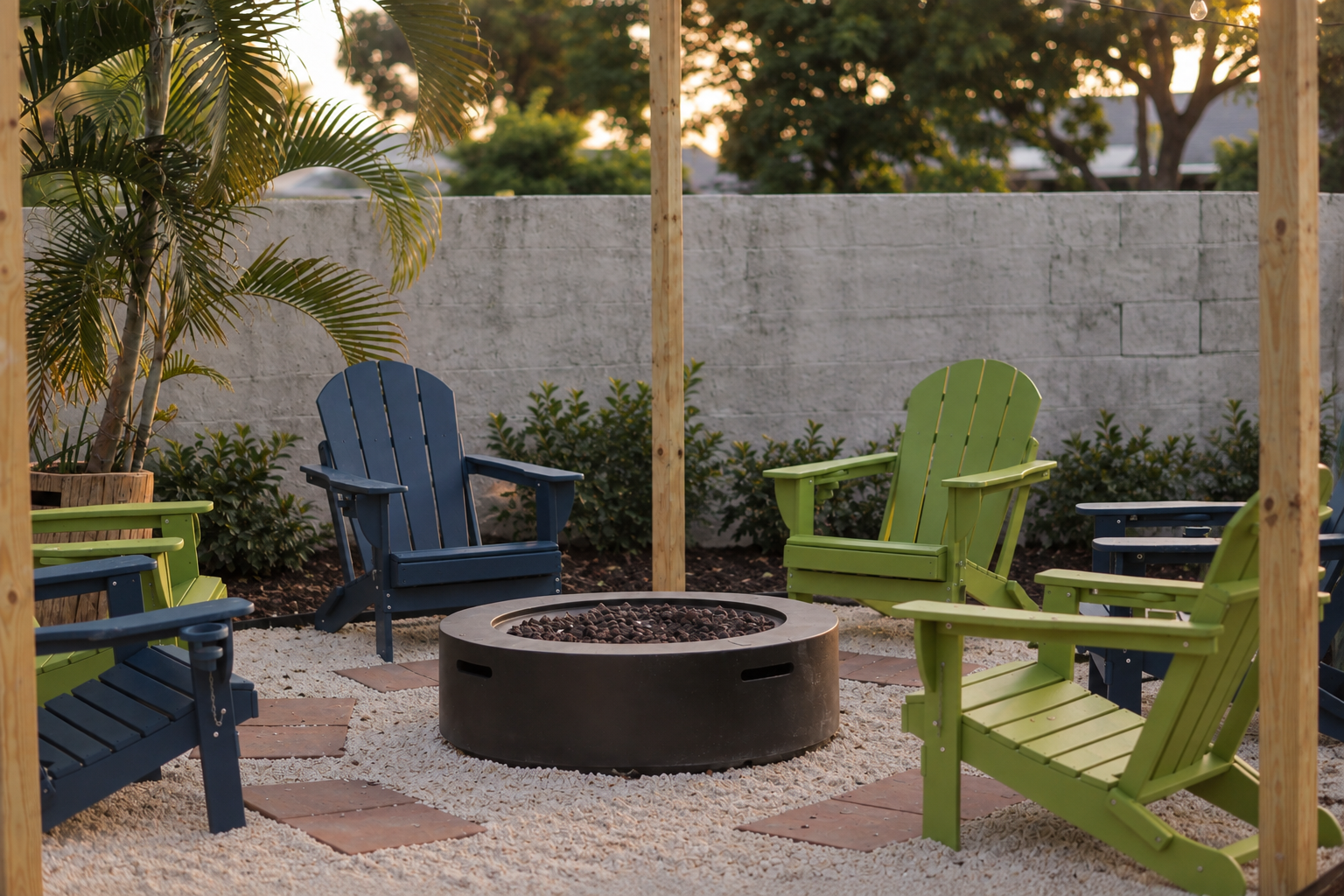 Golden hour adirondack fire pit patio at Dream Come True in Bradenton, Florida