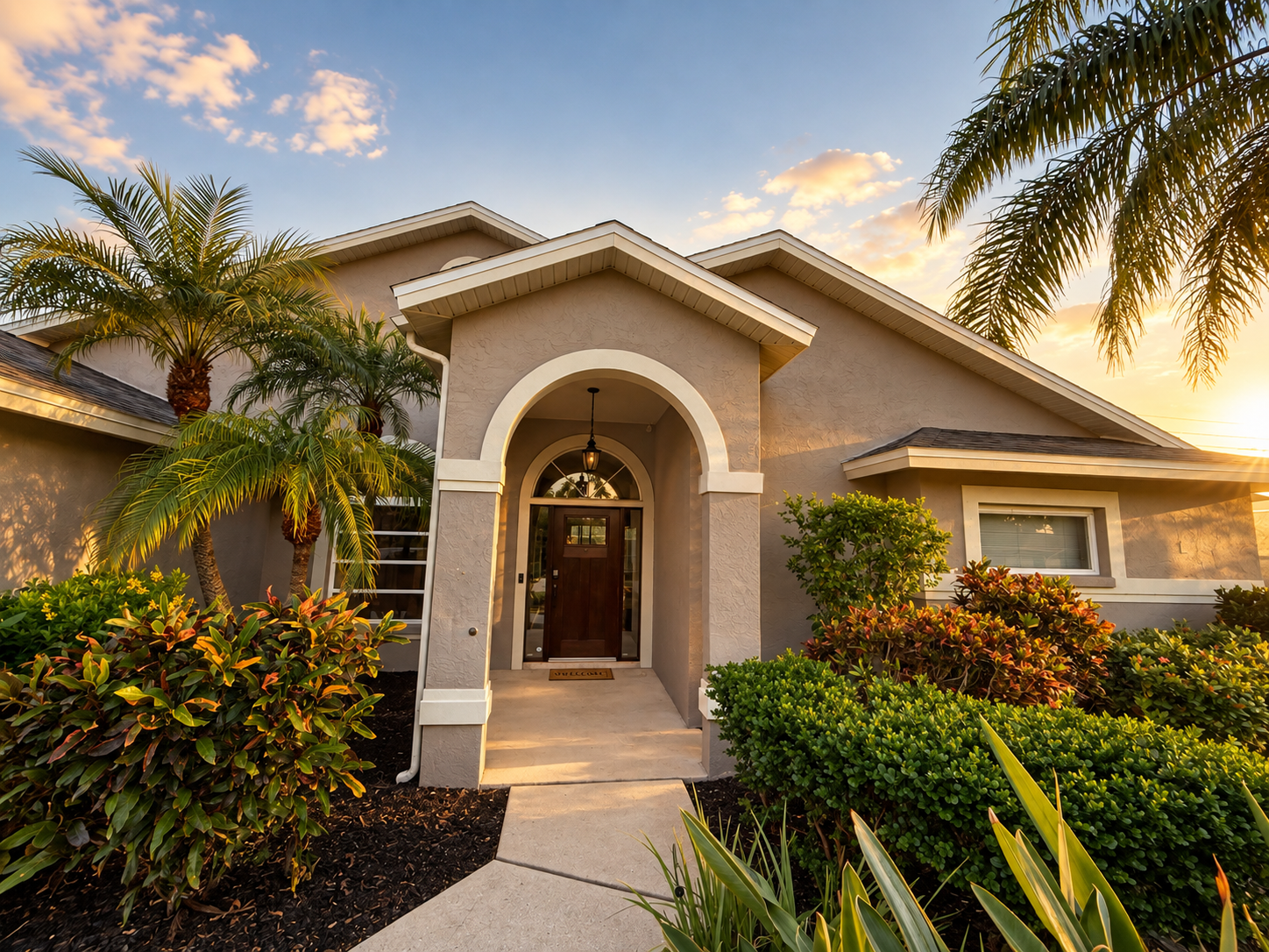 Golden hour front entryway with an arched porch, tropical landscaping, and a walkway at Dream Come True in Bradenton, Florida