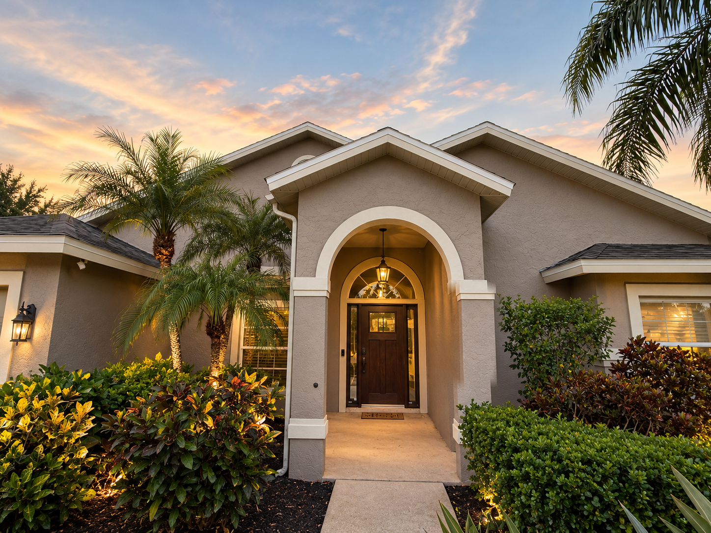 Twilight front entryway with a lantern and landscape uplights beneath sunset clouds at Dream Come True in Bradenton, Florida