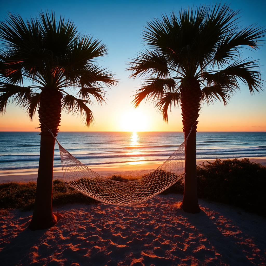 Hammock between two palm trees on the beach